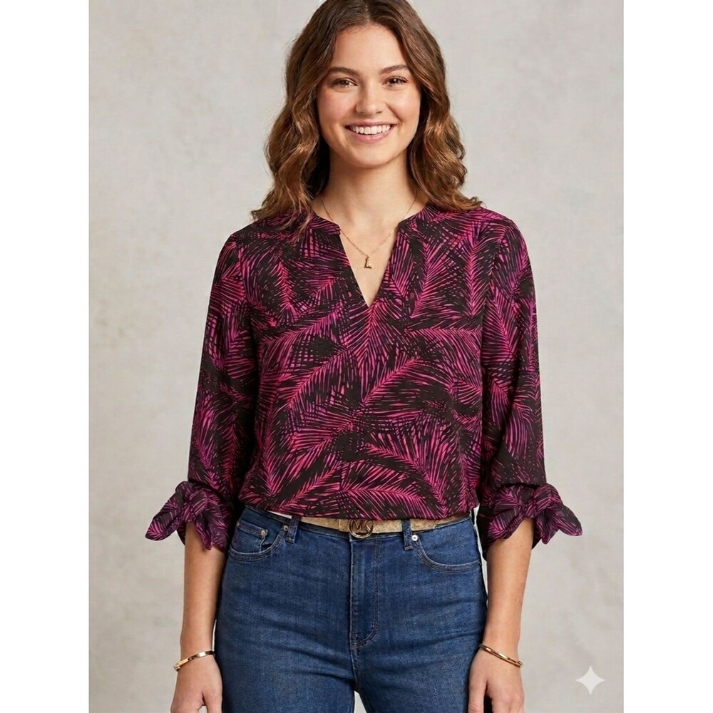 Michael Kors Pink Palm Leaf Split Neck Tie-Cuff Sleeve Blouse Large